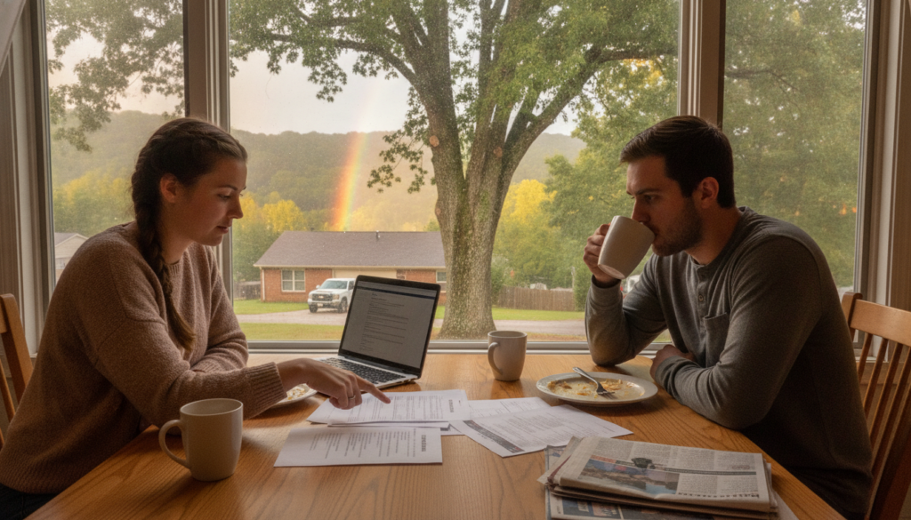 A young couple reviewing renters insurance paperwork at their kitchen table after an Arkansas thunderstorm in Arkadelphia, AR