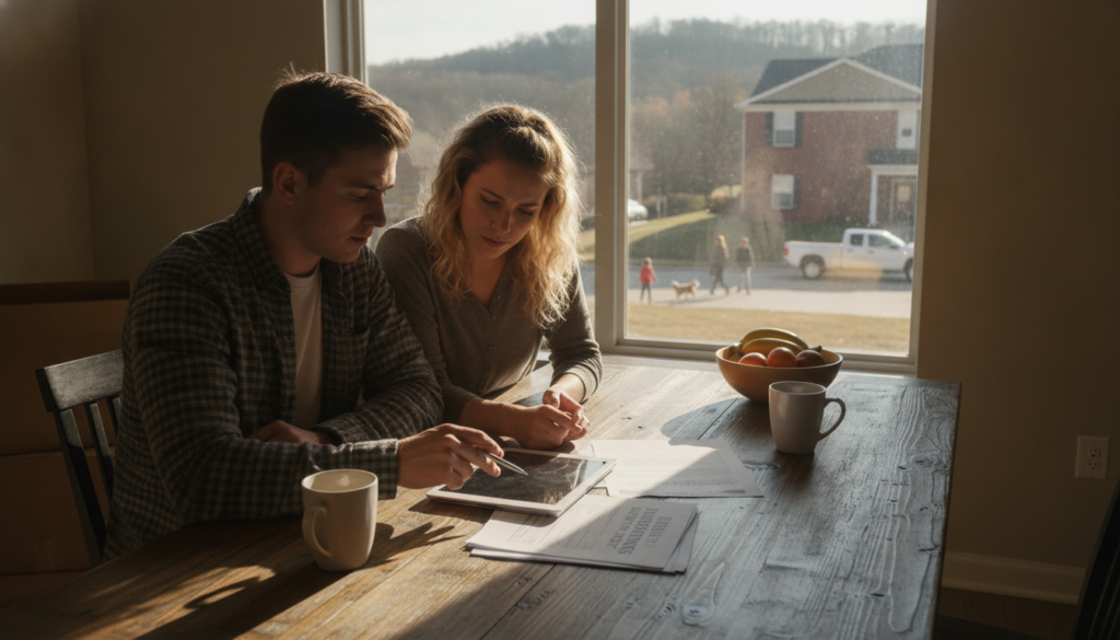 Young couple reviewing a renters insurance policy at a Malvern AR apartment, avoiding common renters insurance mistakes malvern ar