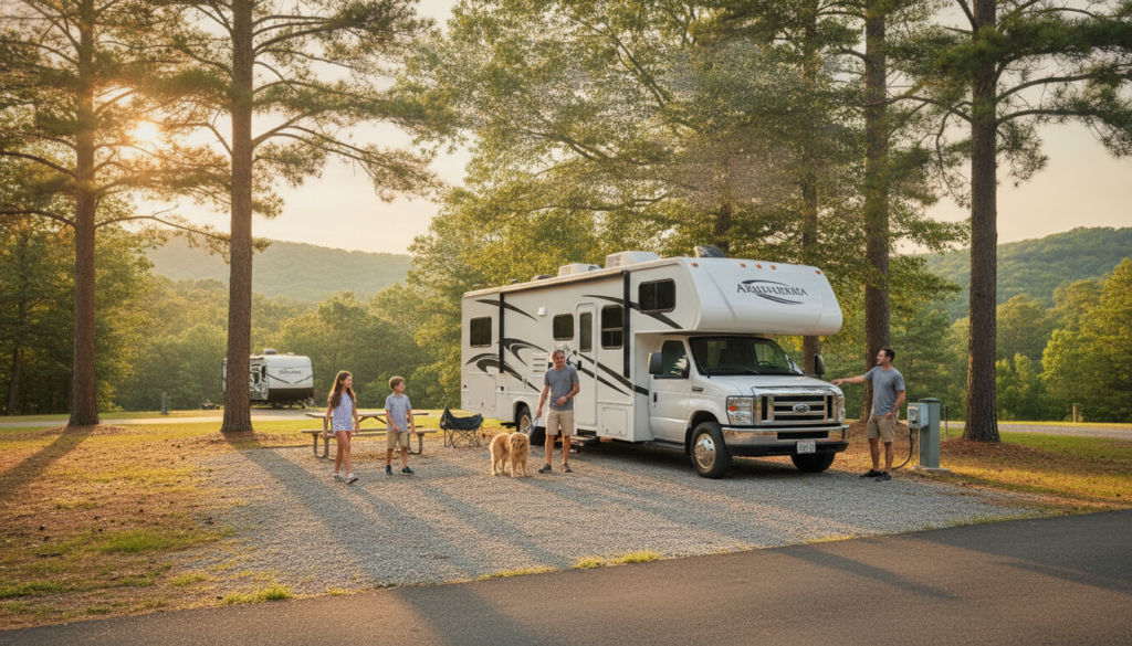 A Class C motorhome parked at an Arkansas state park campground illustrating RV insurance coverage Arkansas owners need