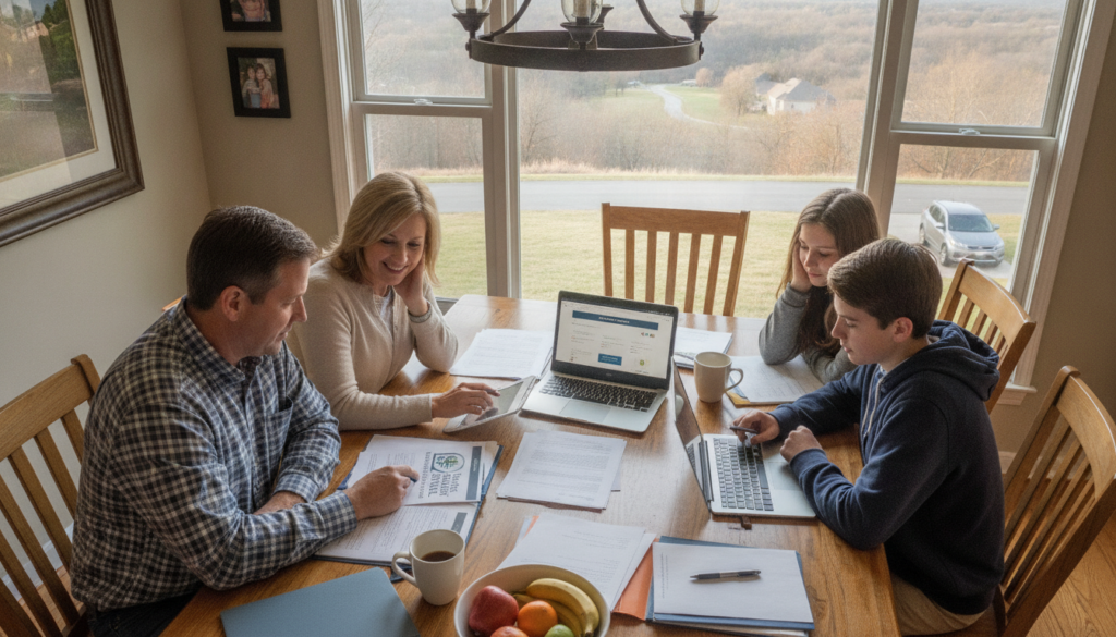 Central Arkansas family reviewing local insurance agency vs online coverage options at a kitchen table in Little Rock