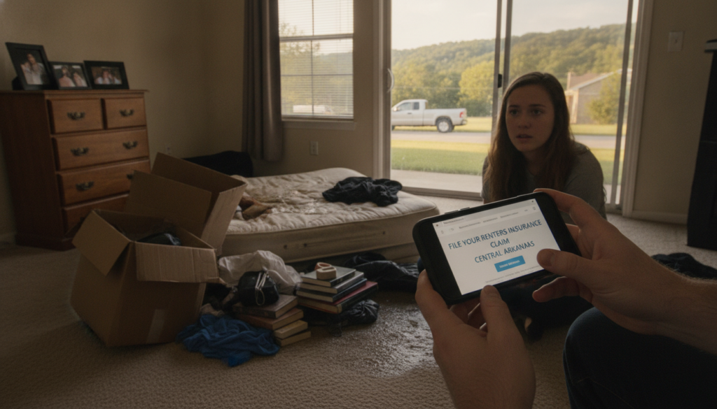 A central Arkansas renter photographing water-damaged belongings in an apartment while learning how to file a renters insurance claim central Arkansas