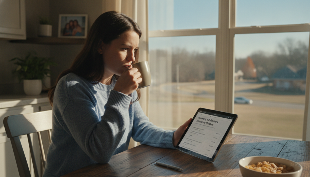 Renter reviewing Malvern, AR renters insurance quotes at a kitchen table in a central Arkansas apartment