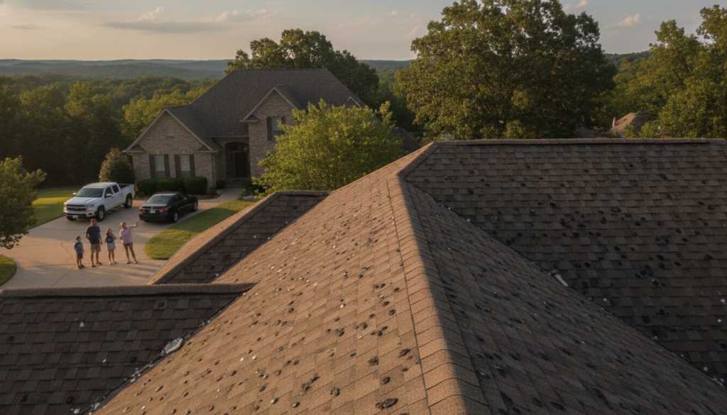 Hail damage roof insurance Arkansas coverage shown by dented asphalt shingles on a Central Arkansas home after a spring hailstorm